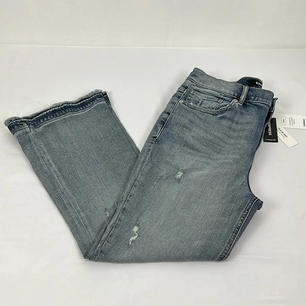 Express New Women’s 8 High Rise Distressed Cropped Bell Flare Jean